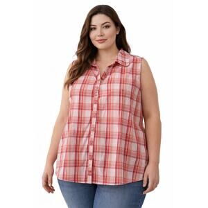 White Stag Womens Sleeveless Plaid Button Front Shirt Size 3X Red Pink